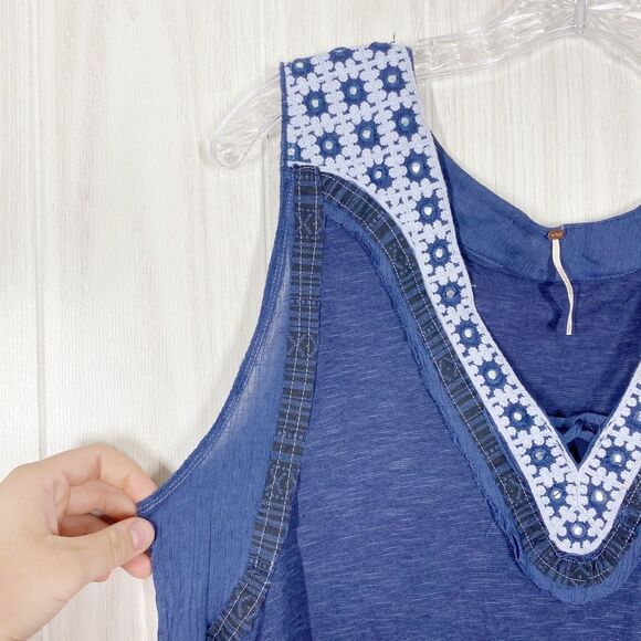 Free People | Blue Embroidered V Neck Sleeveless Top Size Small - Picture 3 of 8